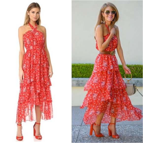 NEW MISA Los Angeles Halter Neck Ruffle Tiered Floral Maxi Dress Red Boho Summer - Picture 4 of 16